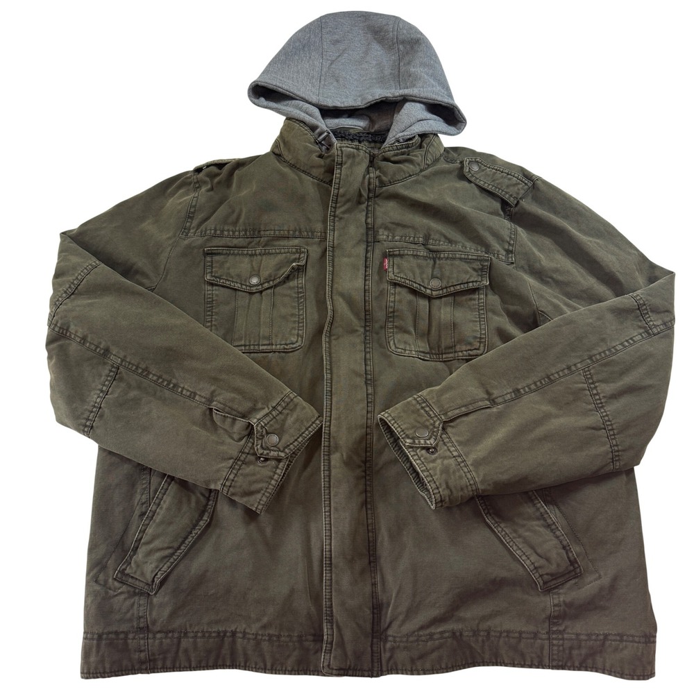 Levis Sherpa Lined‎ Field Jacket Olive Green Hooded Canvas Coat Men's XL Trucker